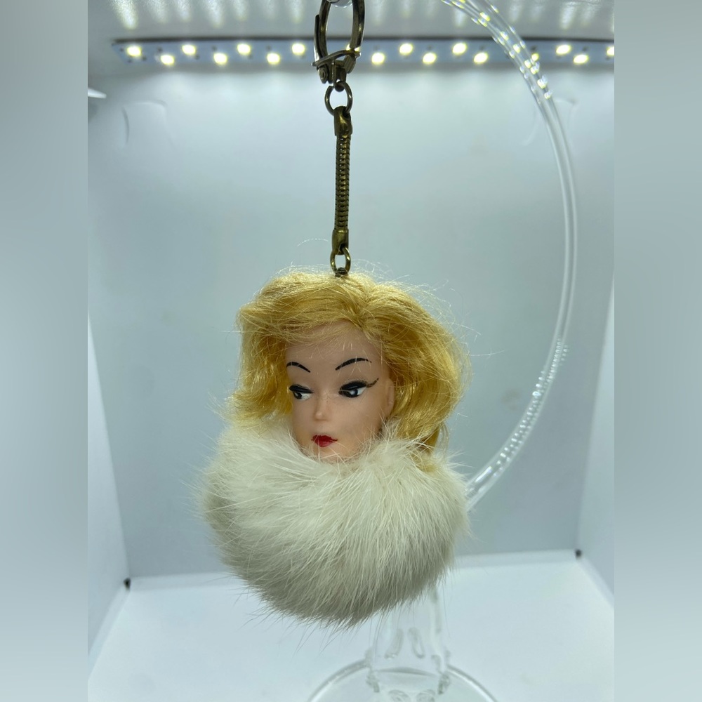 Vintage Barbie Doll Head Only Keychain Real Rabbit Tail Fur Blonde Wendy Clone